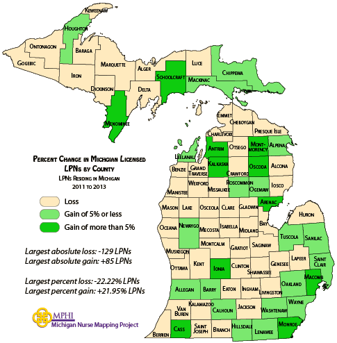 map showing percent change in MI LPNs from 2012 to 2013